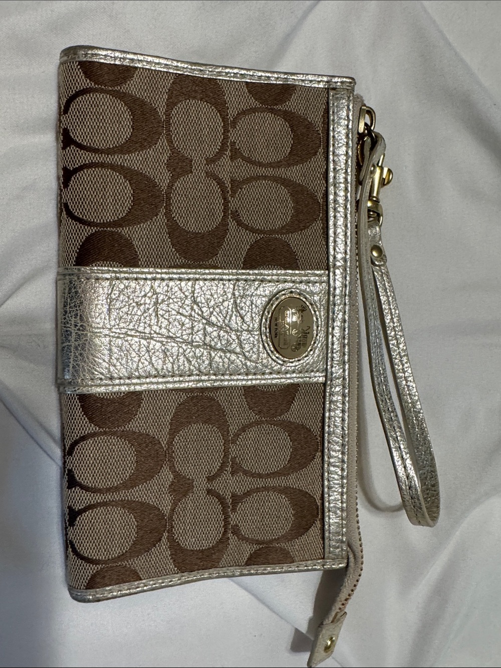 Coach Brown Monogram Wristlet with Gold Metallic Leather Trim